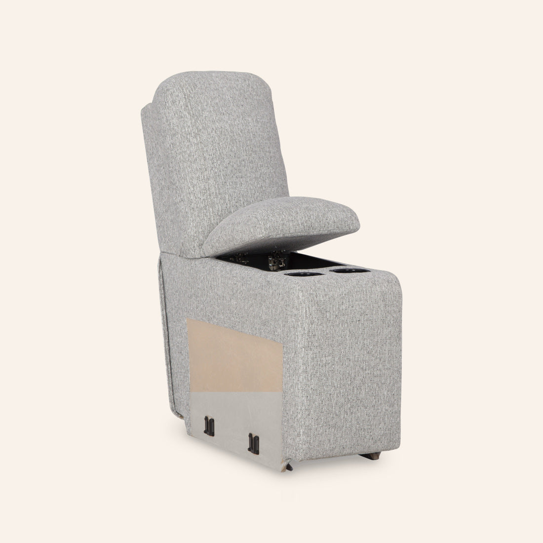 Acklen Place storage console with cup holders, lid open